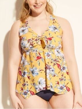 Plus Size Swimwear Kona Sol Yellow Floral Tankini Swim Top Rackerback Red Floral